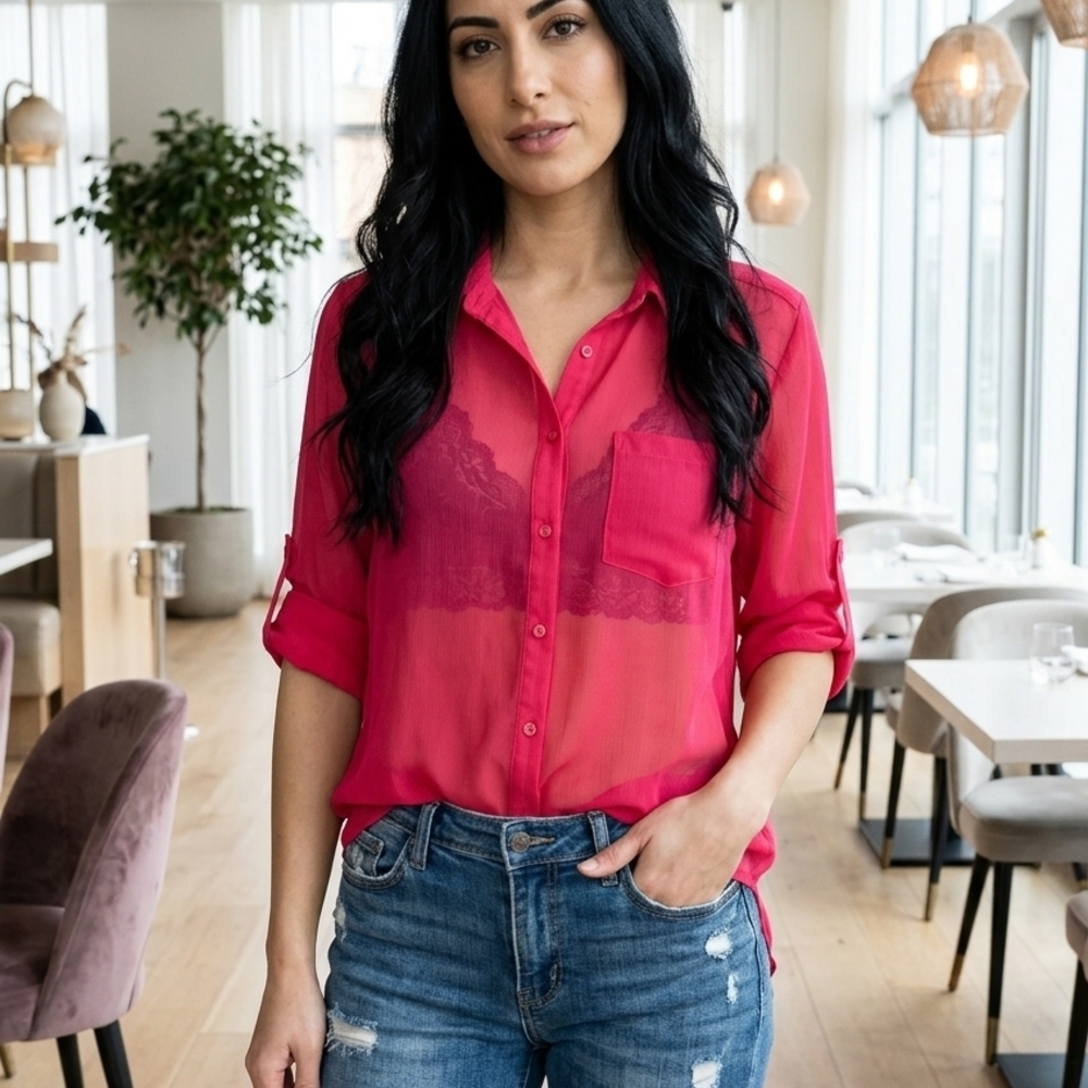 AERIE💋Sheer Button-Down TAB SLEEVE in ROSE/Fuchsia GREAT LAYERING PIECE Sz M
